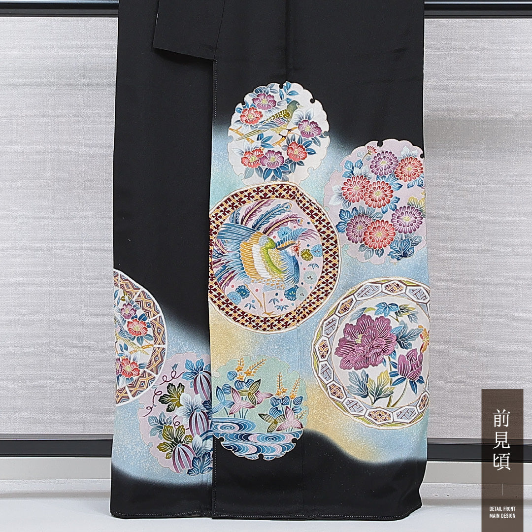 黒留袖 袷 身丈161cm 裄丈64cm 正絹 Sランク 五つ紋 (上り藤) フォーマル 広衿 Lサイズ 刺繍 比翼 落款 鏡裏文 雉 丸文 黒系 RP 1213-07081