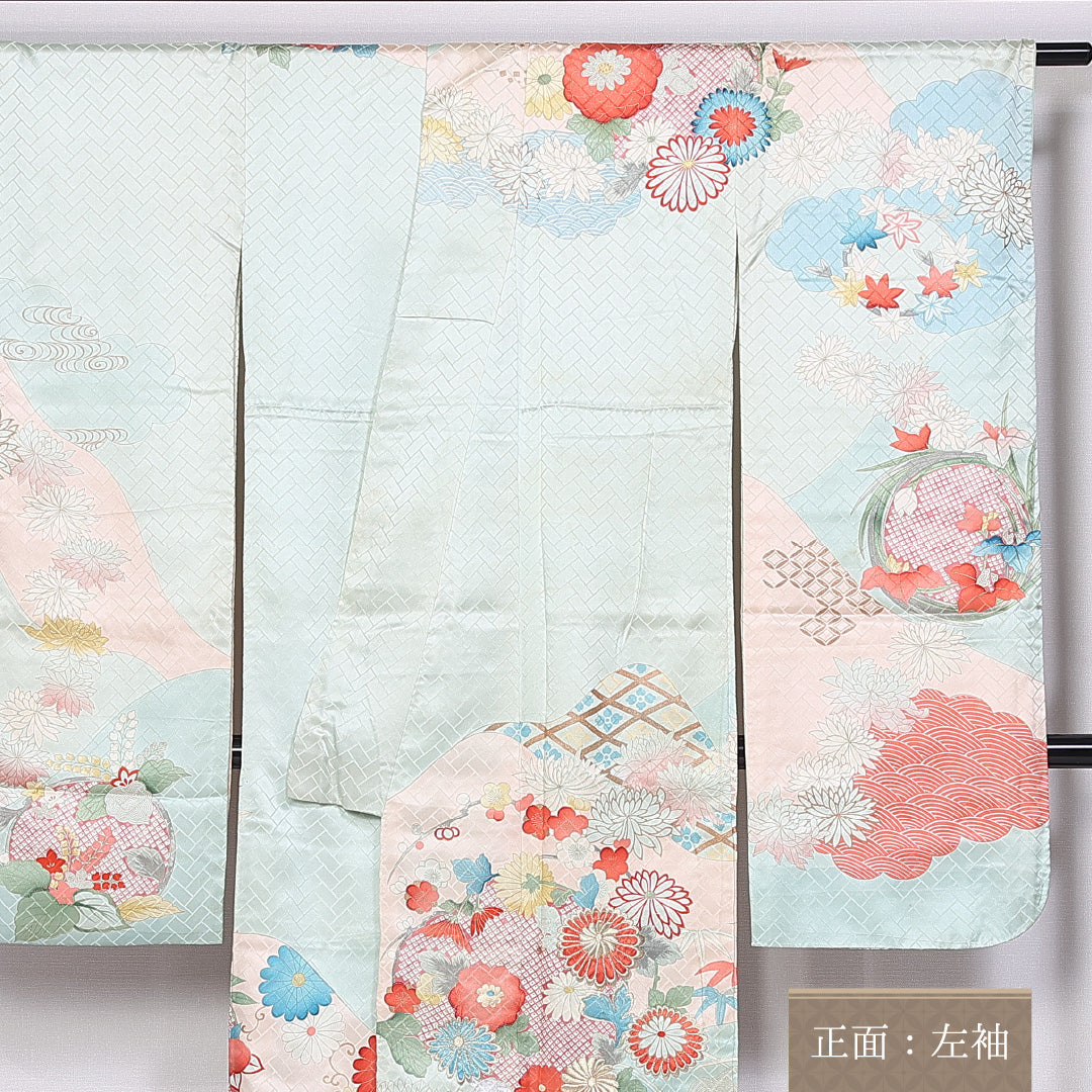 振袖 袷 身丈159cm 裄丈64cm 正絹 Cランク フォーマル 広衿 Mサイズ 金箔 刺繍 吉祥文様 水色系 RP 1215-06557