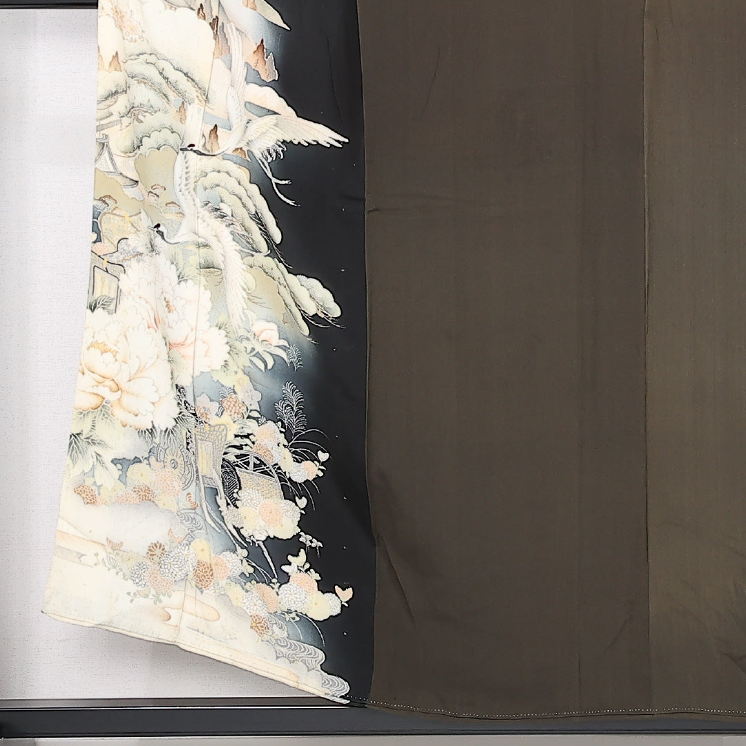 アンティーク 色留袖 袷 身丈151cm 裄丈62cm 正絹 Dランク 五つ紋 (蔦) 広衿 Sサイズ 花車 鶴 牡丹 茶系 GP 1214-06776