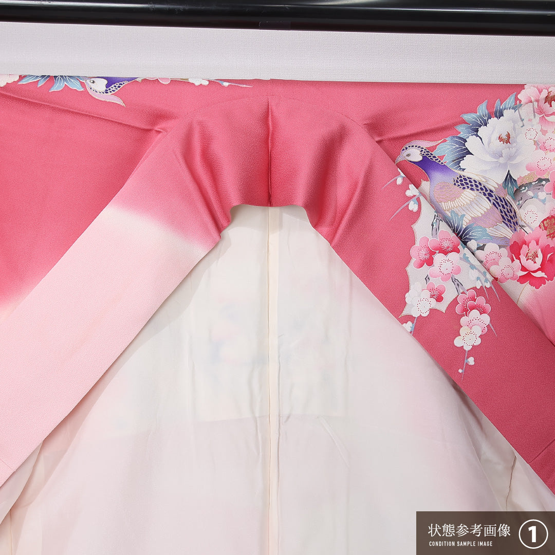 振袖 袷 身丈165cm 裄丈66cm 正絹 Bランク フォーマル 広衿 XLサイズ 鳳翔 作家物 落款 尾長鳥 牡丹 松 ピンク系 M4 1215-06749