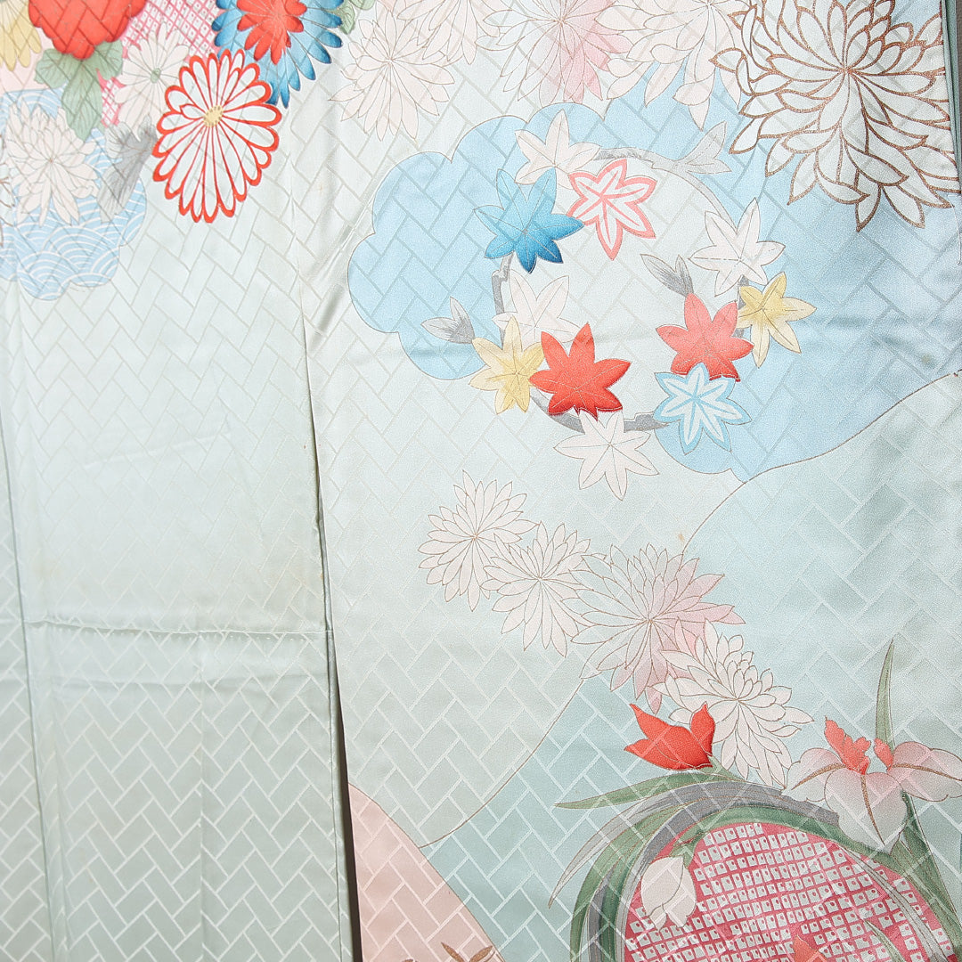 振袖 袷 身丈159cm 裄丈64cm 正絹 Cランク フォーマル 広衿 Mサイズ 金箔 刺繍 吉祥文様 水色系 RP 1215-06557