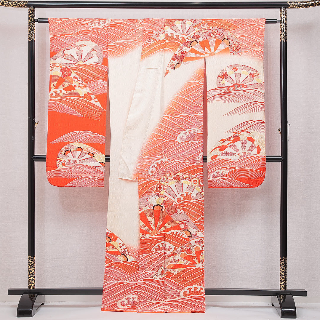アンティーク 振袖 袷 身丈166cm 裄丈65cm 正絹 Bランク 広衿 XLサイズ 菱 菊 朱系 RP 1215-06901