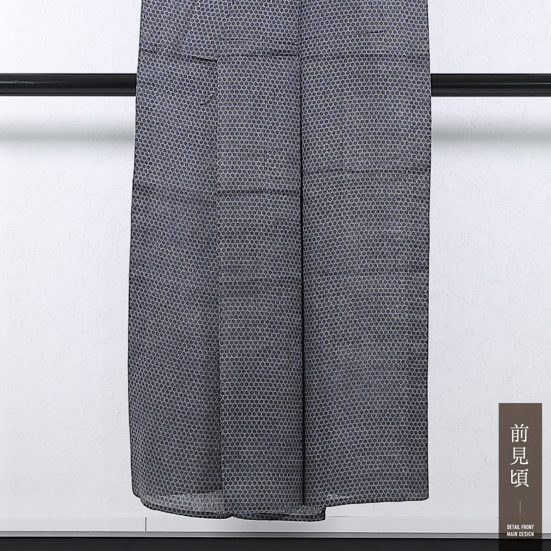 夏物 洗える着物 麻の小紋 身丈146cm 裄丈61cm 麻 Cランク インフォーマル バチ衿 2XLサイズ 籠目 グレー系 RP 1221-17378