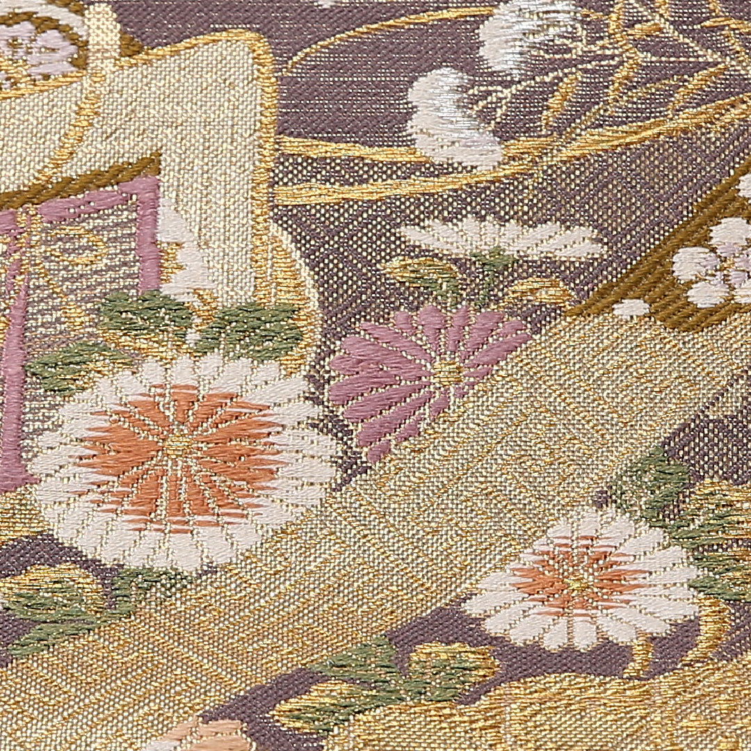 御所車 袋帯 帯丈432cm 正絹 六通 フォーマル 菊 クリーム系 1243-02634