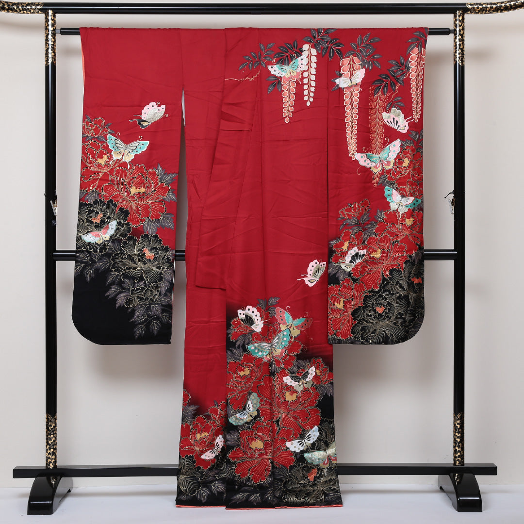 振袖 袷 身丈168cm 裄丈67cm 正絹 Aランク フォーマル 広衿 XLサイズ 蝶 藤 牡丹 赤系 RP 1215-06333