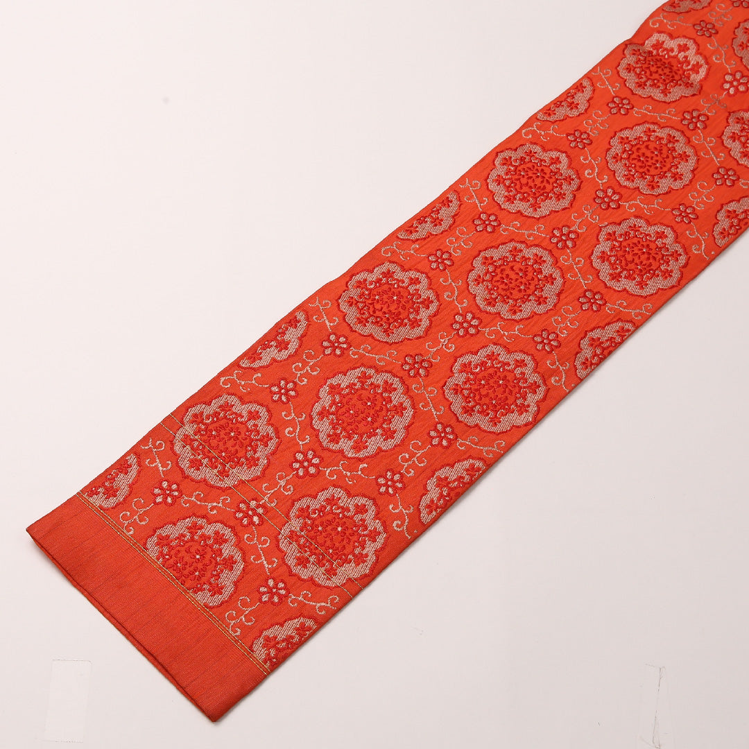 半幅帯 帯丈312cm 正絹 全通 小袋帯 カジュアル 唐草 亀甲 朱系 1247-00708
