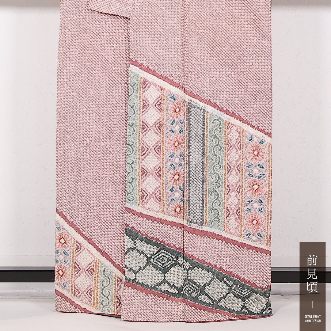 訪問着 (総絞り) 袷 身丈163cm 裄丈64cm 正絹 Aランク セミフォーマル 広衿 Lサイズ 裂取り ピンク系 RP 1217-17517