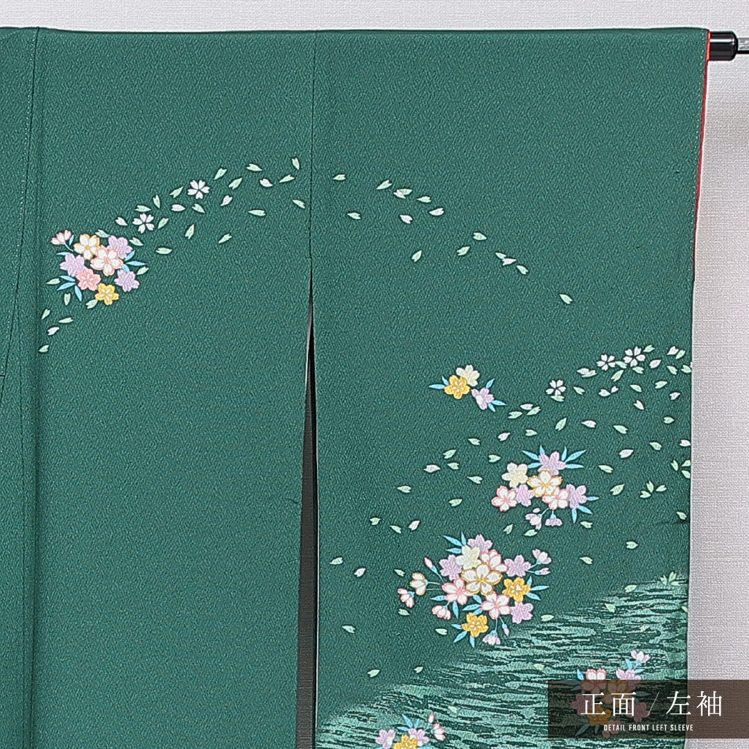 洗える着物 小振袖 袷 身丈164cm 裄丈65cm ポリエステル Sランク セミフォーマル 広衿 Lサイズ 桜 緑系 RP 1216-07074