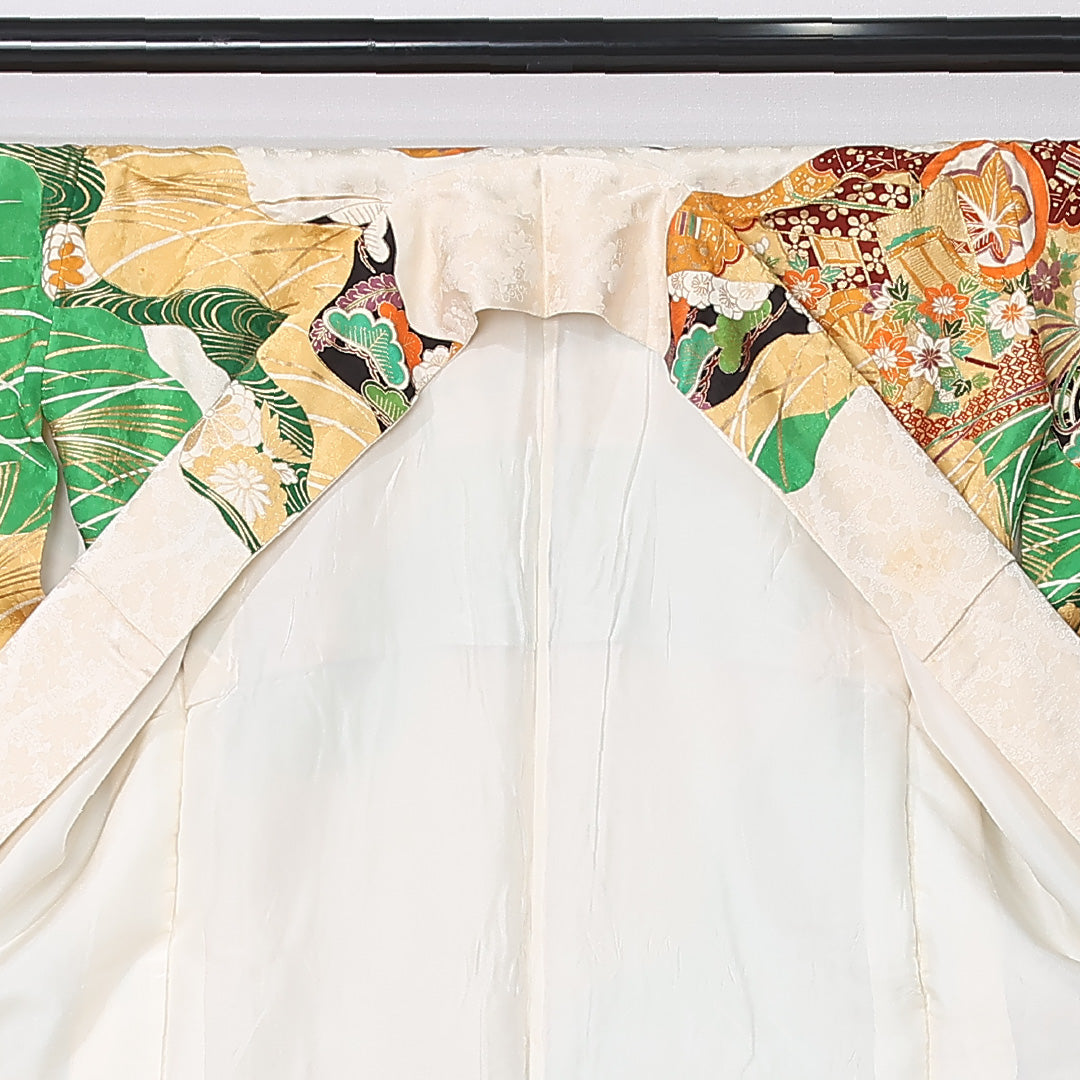 振袖 袷 身丈158cm 裄丈63cm 正絹 Bランク フォーマル 広衿 Mサイズ 刺繍 貝桶 牡丹 松 多色系 RP 1215-06738