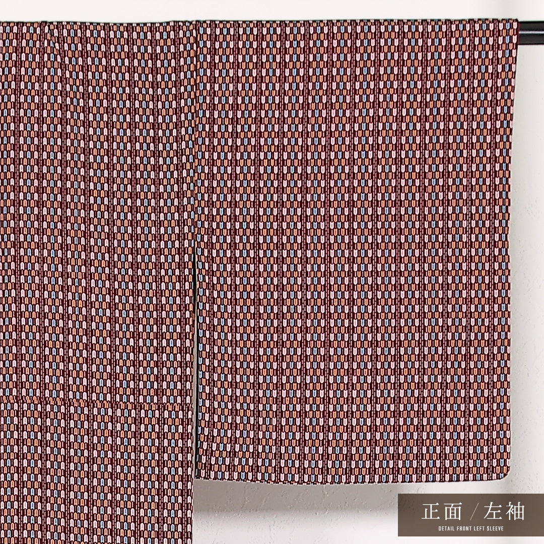 小紋 袷 身丈160cm 裄丈64cm 正絹 Sランク インフォーマル 広衿 XLサイズ 矢羽根 赤系 RP 1221-17419
