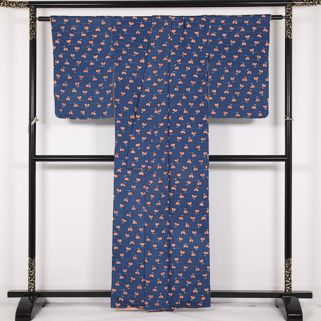 アンティーク 小紋 袷 身丈158cm 裄丈63cm 正絹 Aランク 広衿 Mサイズ 花柄 紺系 RP 1221-17534