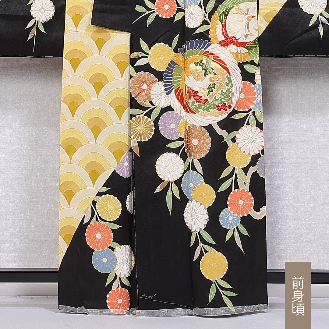 振袖 袷 身丈161cm 裄丈63cm 正絹 Aランク フォーマル 広衿 Lサイズ 金駒刺繍 青海波 菊 黒系 RP 1215-06660