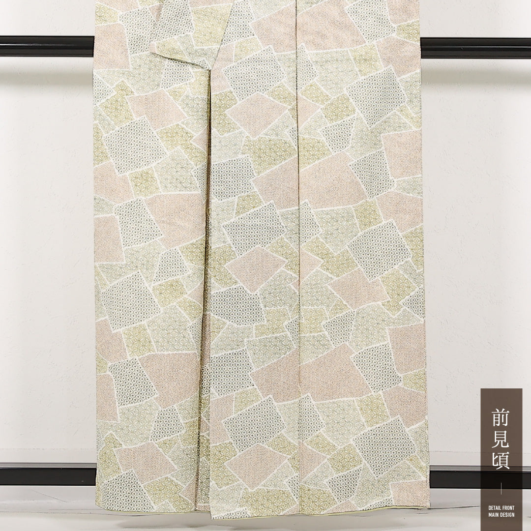 洗える着物 小紋 袷 身丈158cm 裄丈62cm ポリエステル Sランク インフォーマル 広衿 Lサイズ 緑系 RP 1221-17449