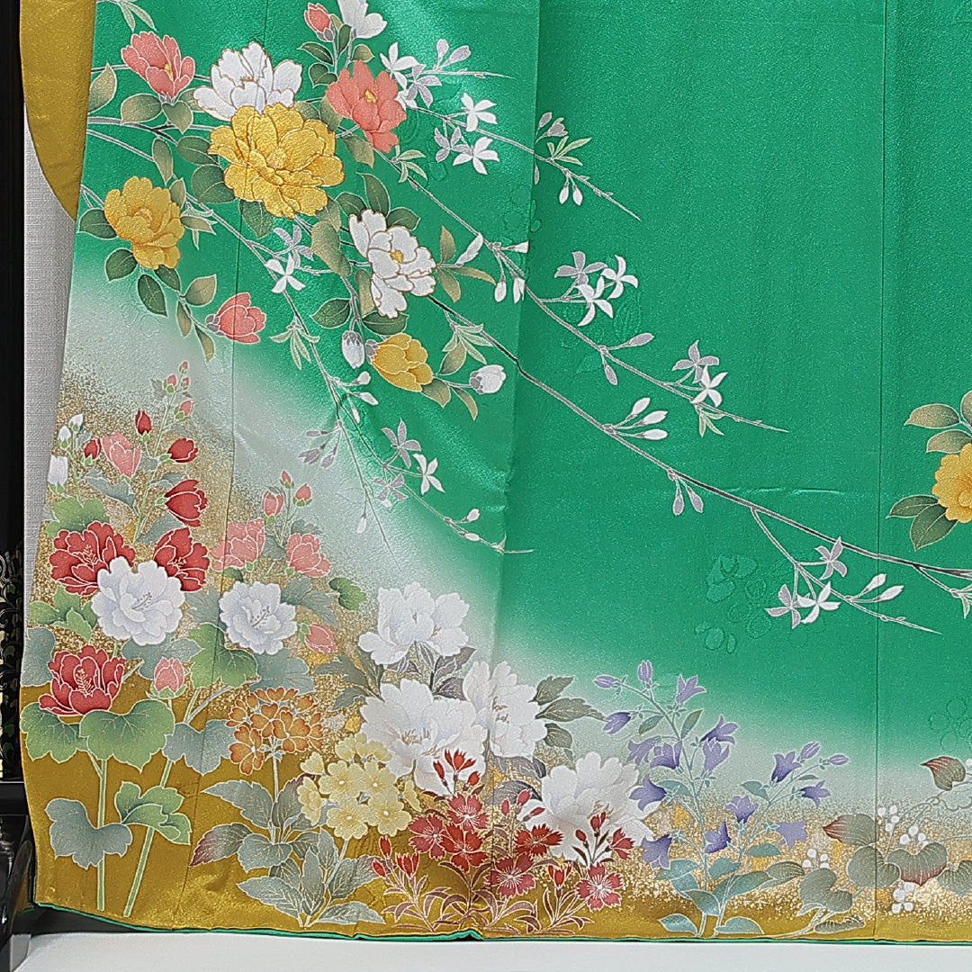 振袖 袷 身丈168cm 裄丈68cm 正絹 Sランク フォーマル 広衿 XLサイズ 金駒刺繍 椿 緑系 RP 1215-07014
