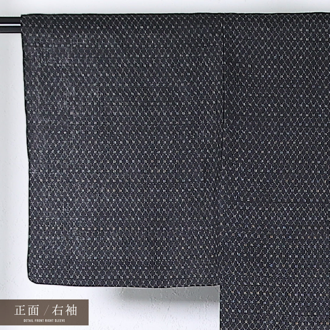 夏物 洗える着物 麻の紬 身丈144cm 裄丈60cm 麻 Cランク カジュアル バチ衿 Mサイズ 菱絣 グレー系 RP 1223-17376