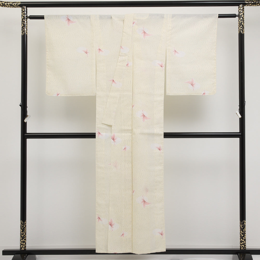 夏物 洗える着物 麻の小紋 身丈152cm 裄丈62cm 麻 Sランク インフォーマル バチ衿 XSサイズ 花柄 クリーム系 RP 1221-17291
