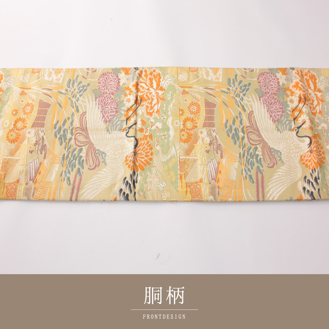 アンティーク 丸帯 帯丈392cm 正絹 全通 御所車 鶴 クリーム系 金系 1242-02423