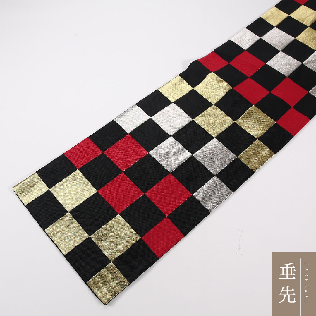 市松 袋帯 帯丈440cm 正絹 六通 セミフォーマル 黒系 赤系 1243-02577