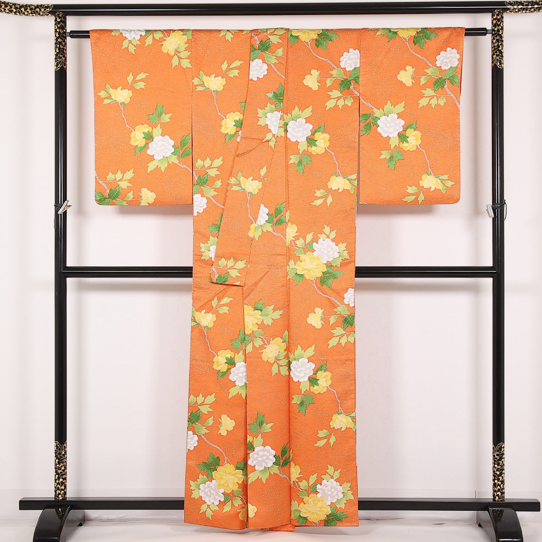 洗える着物 小紋 袷 身丈158cm 裄丈64cm ポリエステル Sランク 紋意匠 (荒磯) インフォーマル 広衿 Lサイズ 牡丹 朱系 RP 1221-17514
