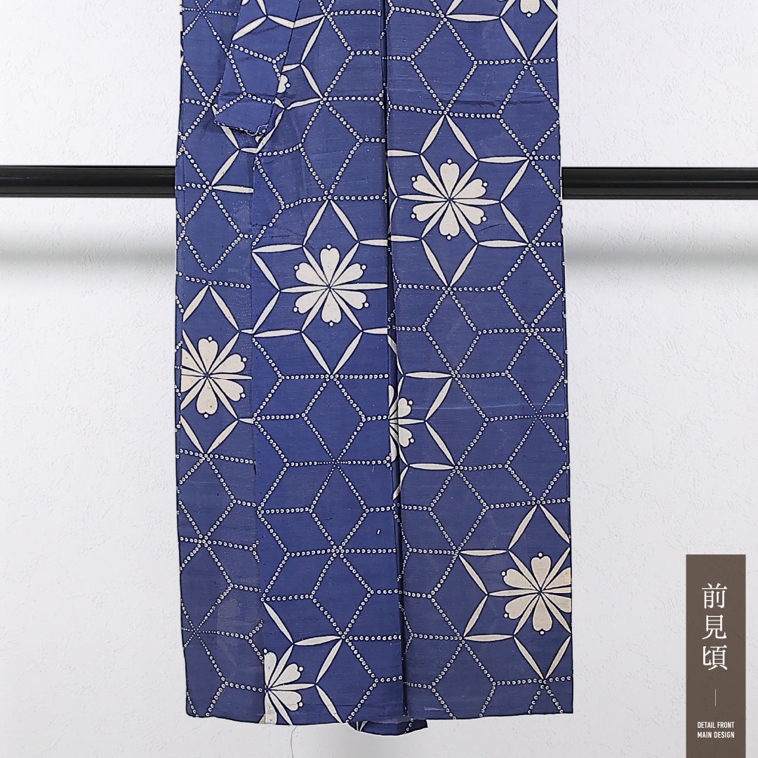 アンティーク 夏物 小紋 身丈139cm 裄丈61cm 正絹 Cランク バチ衿 Mサイズ 麻の葉 青系 RP 1221-17385