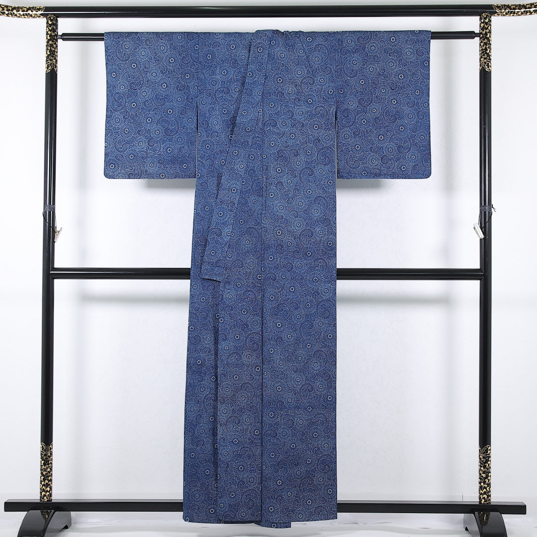小紋 単衣 身丈156cm 裄丈61cm 正絹 Sランク インフォーマル バチ衿 XSサイズ 藍型 菊唐草文 紺系 RP 1221-17377