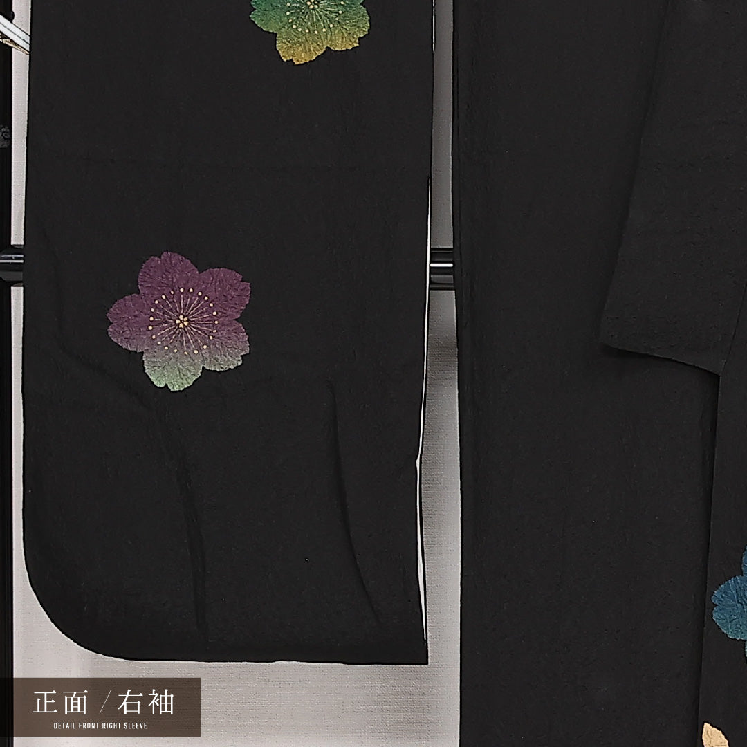 振袖 袷 身丈168cm 裄丈71cm 正絹 Sランク フォーマル 広衿 XLサイズ ふくれ織 絞り 桜 黒系 M4 1215-06832