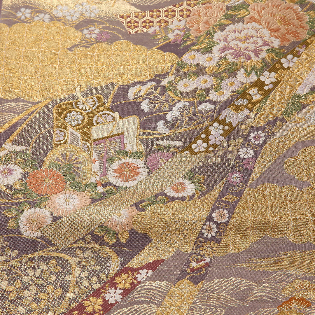 御所車 袋帯 帯丈432cm 正絹 六通 フォーマル 菊 クリーム系 1243-02634