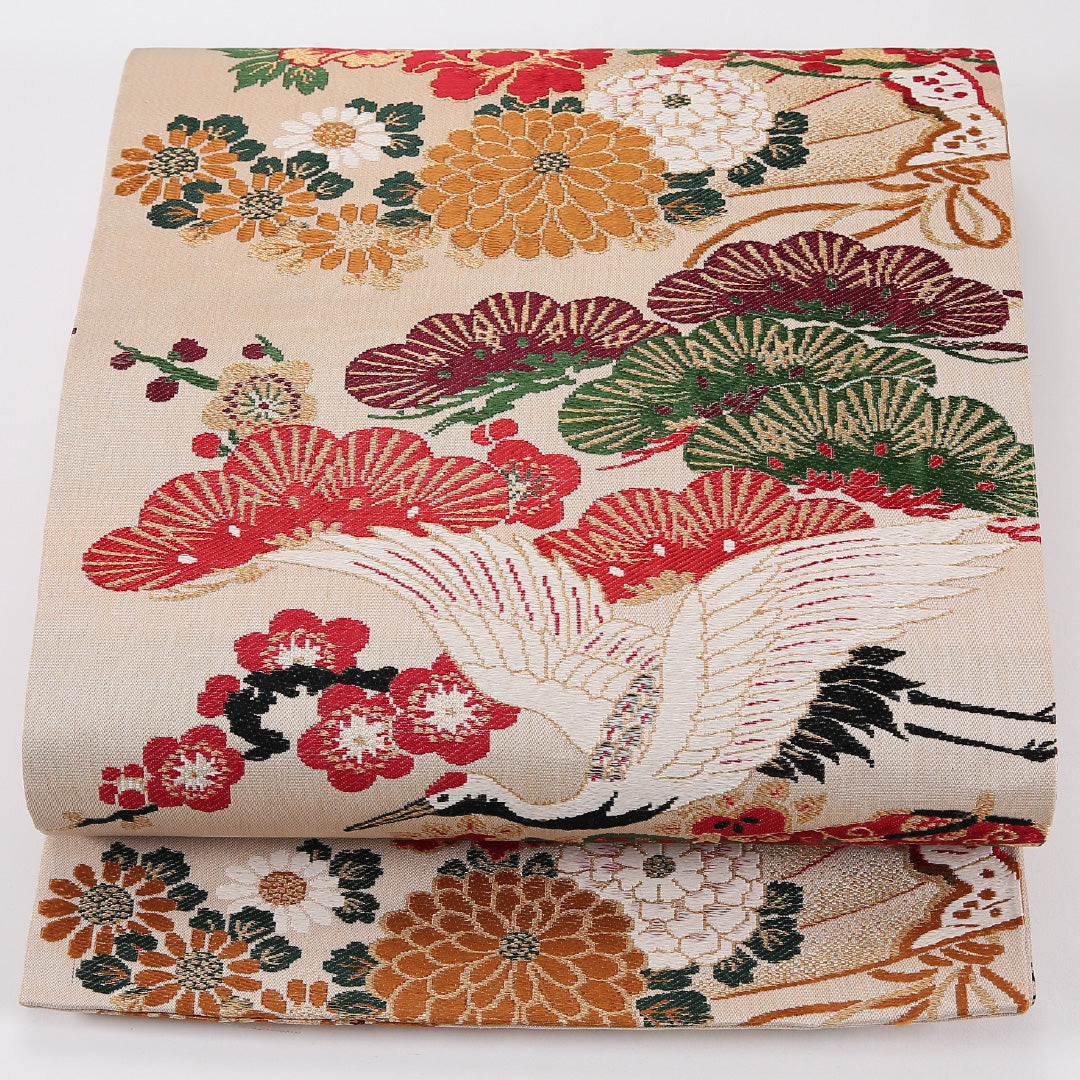 松鶴 丸帯 帯丈376cm 正絹 全通 フォーマル クリーム系 ピンク系 1243-02602