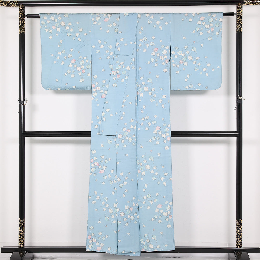 小紋 単衣 身丈153cm 裄丈64cm 正絹 Cランク インフォーマル 広衿 Mサイズ 花柄 水色系 RP 1221-17531