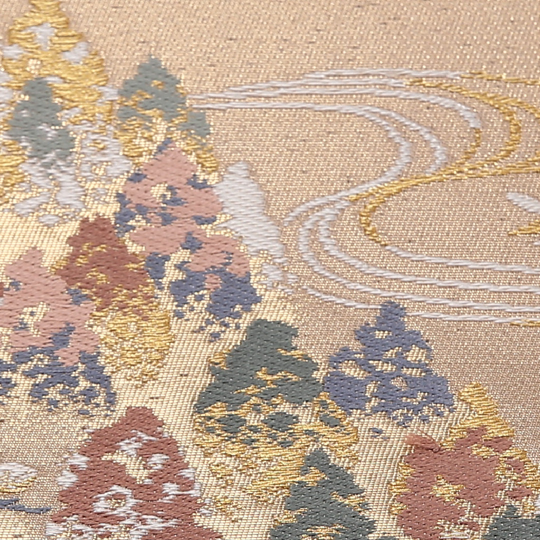 流水 袋帯 帯丈424cm 正絹 六通 フォーマル 松 ガード加工 ベージュ系 茶系 1243-02574