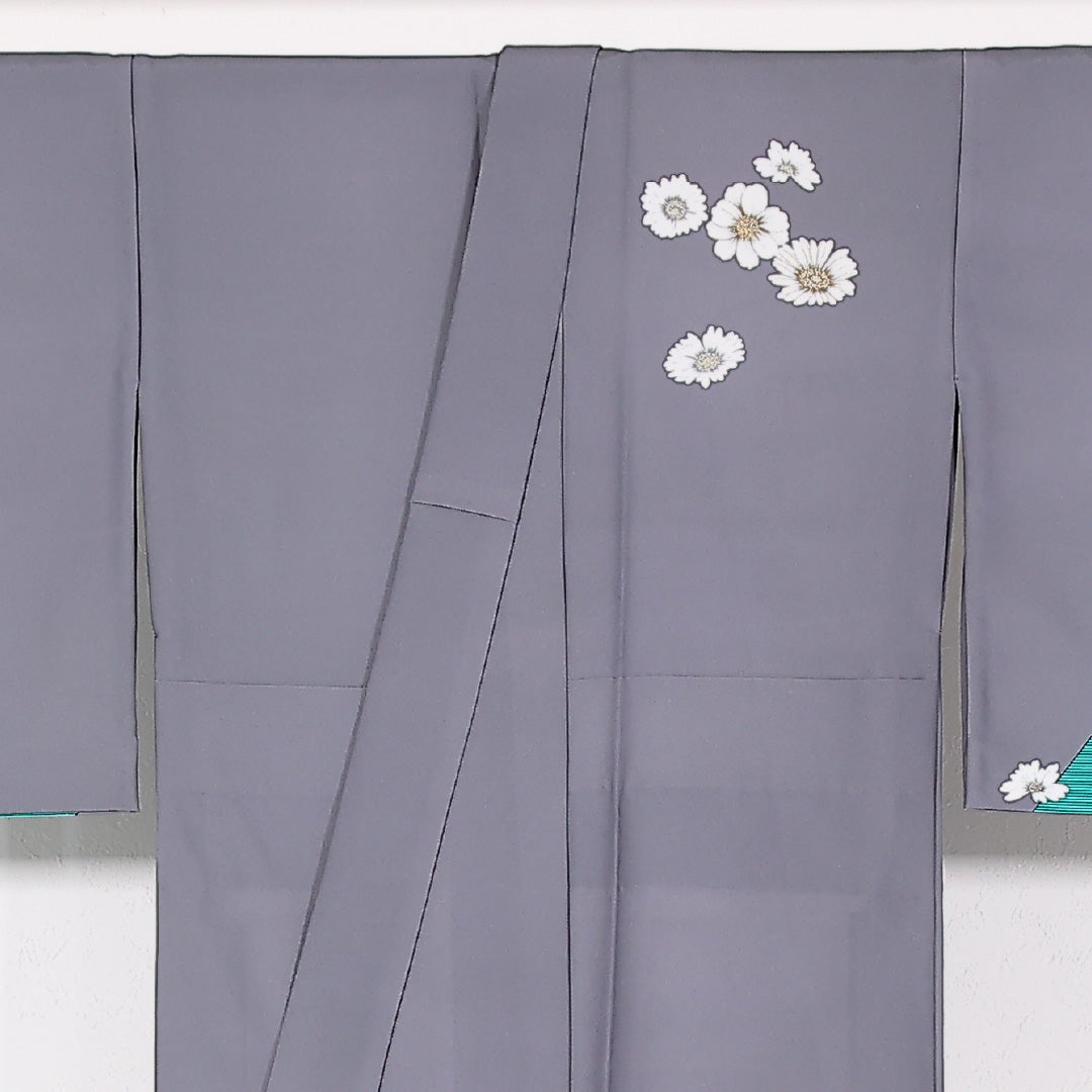 洗える着物 訪問着 単衣 身丈157cm 裄丈66cm ポリエステル Aランク 踊り用 バチ衿 Mサイズ 菊 グレー系 LP 1217-17512