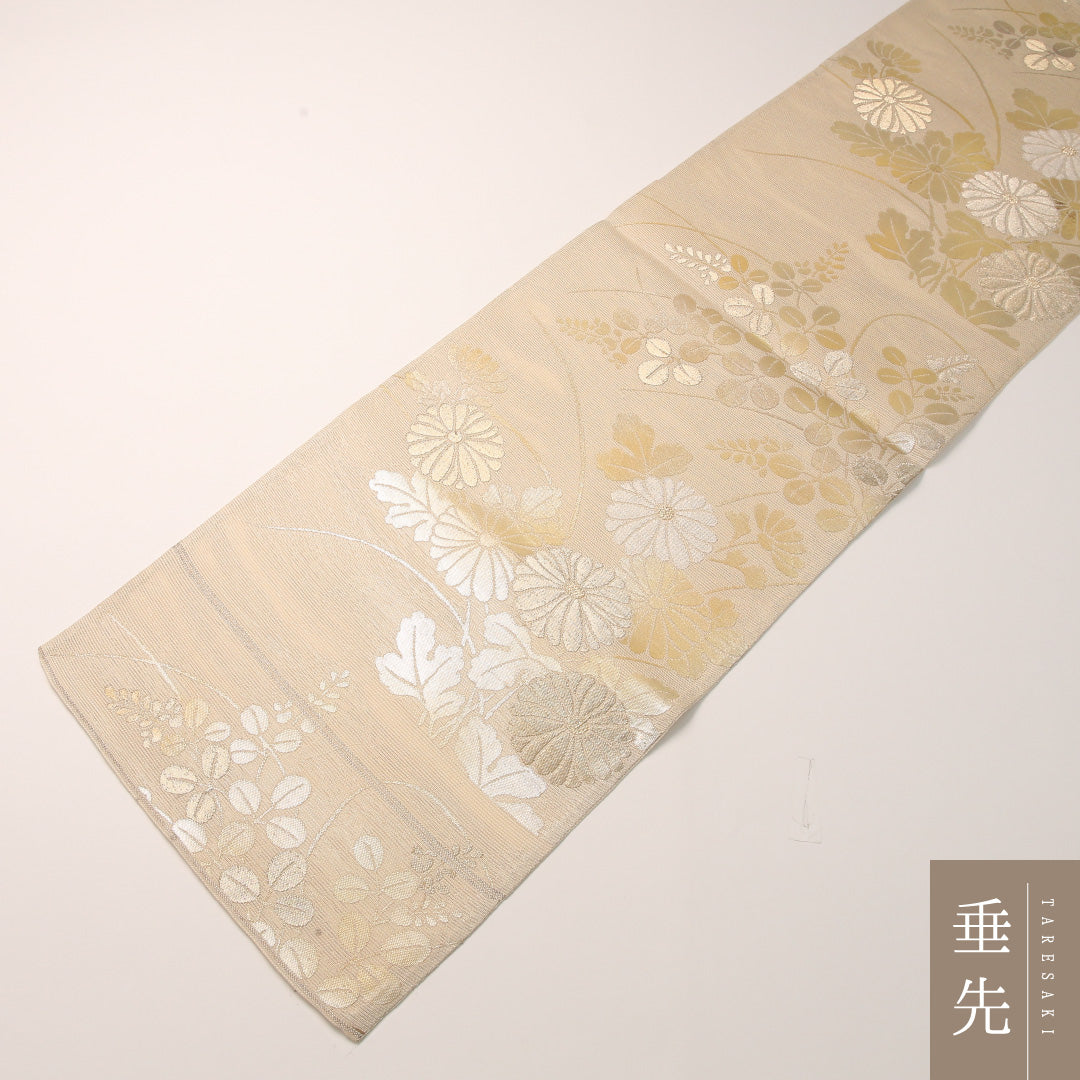 夏物 袋帯 帯丈416cm 正絹 六通 セミフォーマル 菊 萩 クリーム系 1243-02458