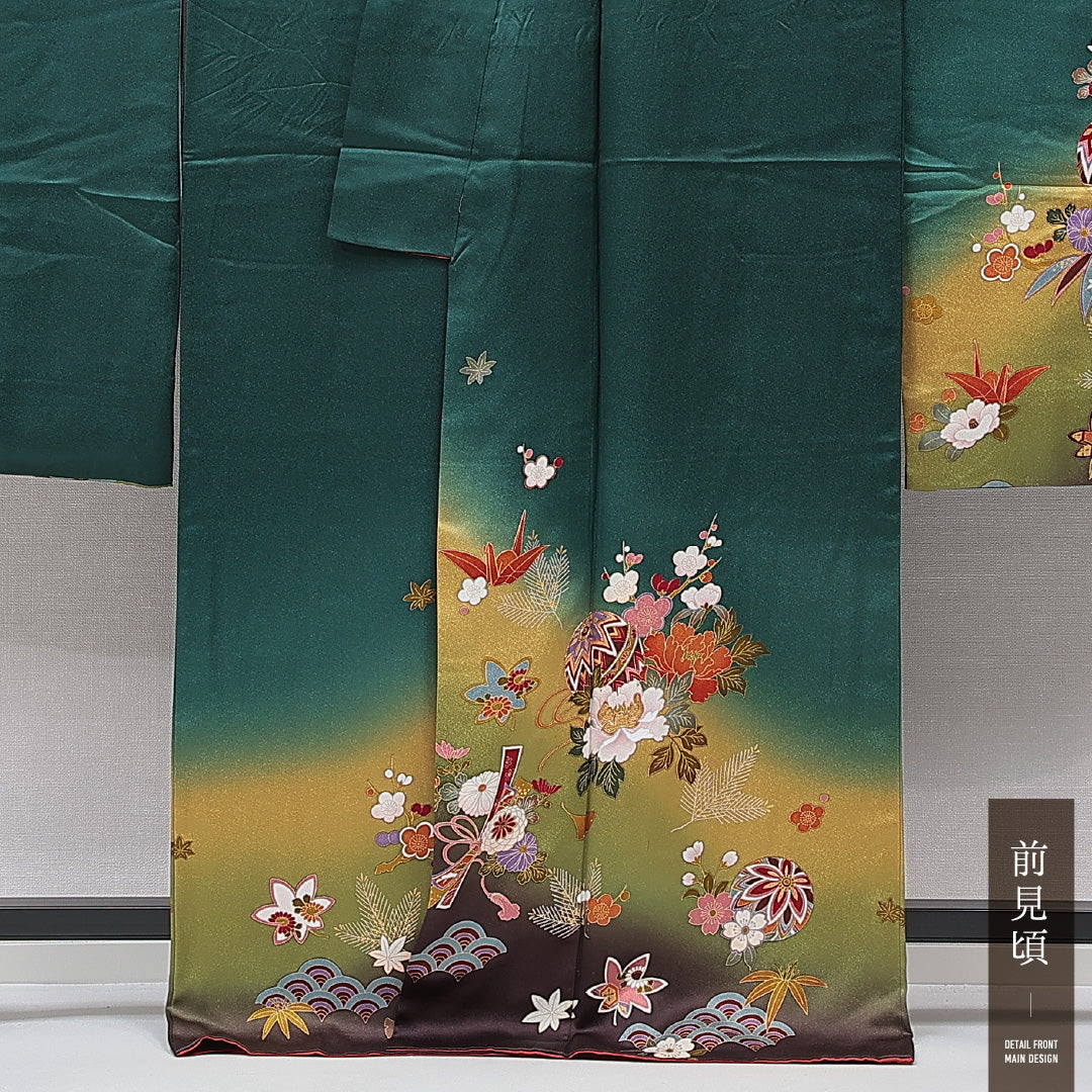 振袖 袷 身丈167cm 裄丈71cm 正絹 Aランク フォーマル 広衿 XLサイズ 毬 牡丹 緑系 RP 1215-06985