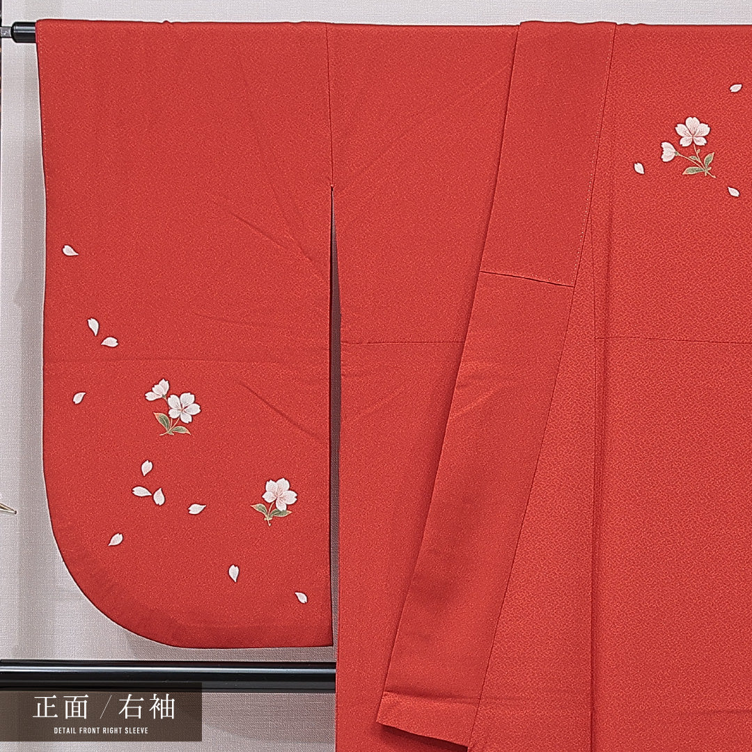 洗える着物 小振袖 袷 身丈165cm 裄丈66cm ポリエステル Sランク セミフォーマル 広衿 XLサイズ 桜 朱系 RP 1216-07068