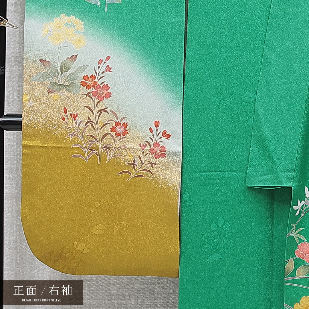 振袖 袷 身丈168cm 裄丈68cm 正絹 Sランク フォーマル 広衿 XLサイズ 金駒刺繍 椿 緑系 RP 1215-07014