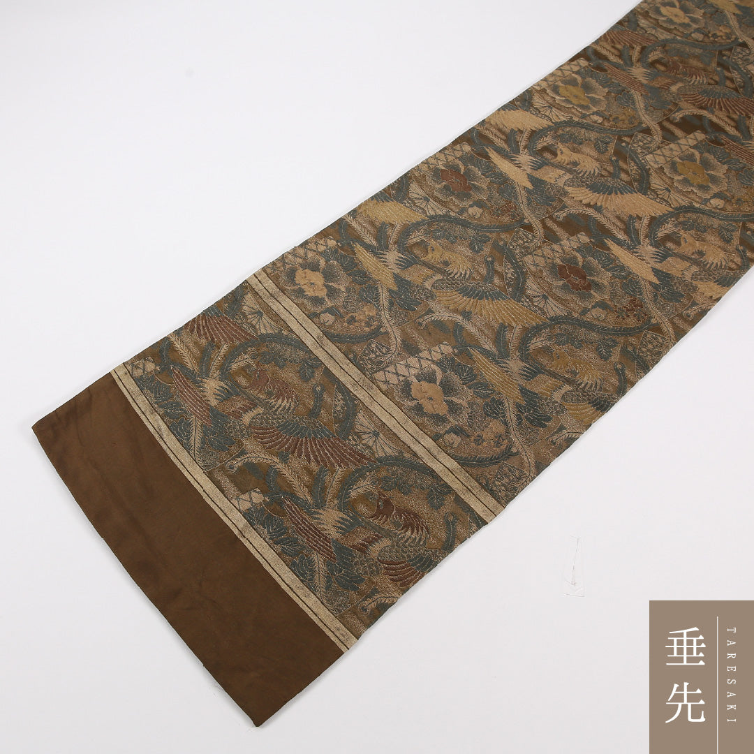 アンティーク 丸帯 帯丈392cm 正絹 全通 鶴 牡丹 茶系 1242-02563
