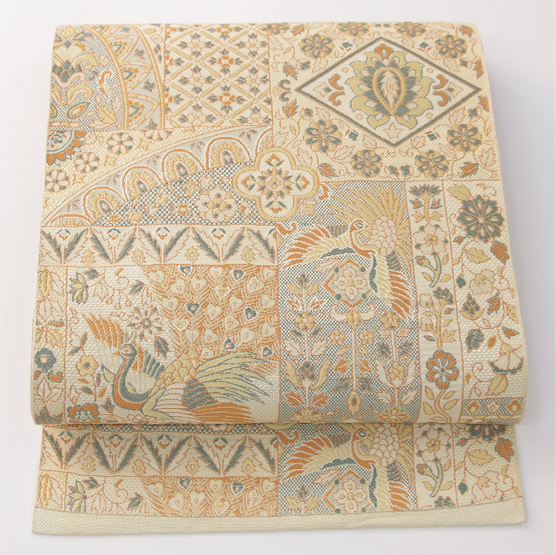 八寸名古屋帯 帯丈365cm 正絹 六通 松葉仕立て 織り セミフォーマル 宝相華 鳳凰 麻の葉 04220 宝相華 鳳凰 麻の葉 市松地紋 クリーム系 RP 1245-04220