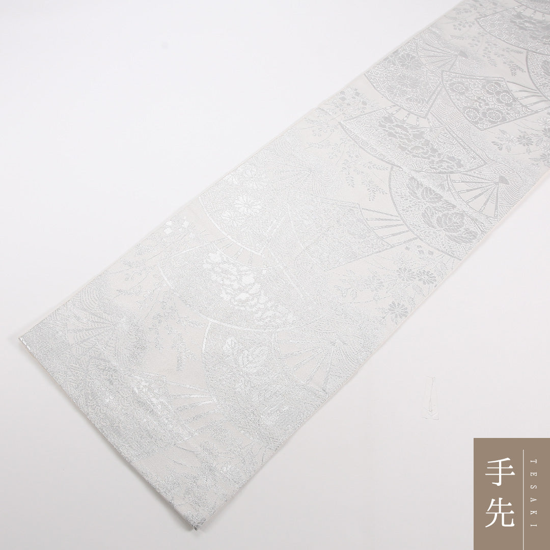 袋帯 帯丈428cm ポリエステル 全通 セミフォーマル 扇面文 菊 グレー系 1243-02543