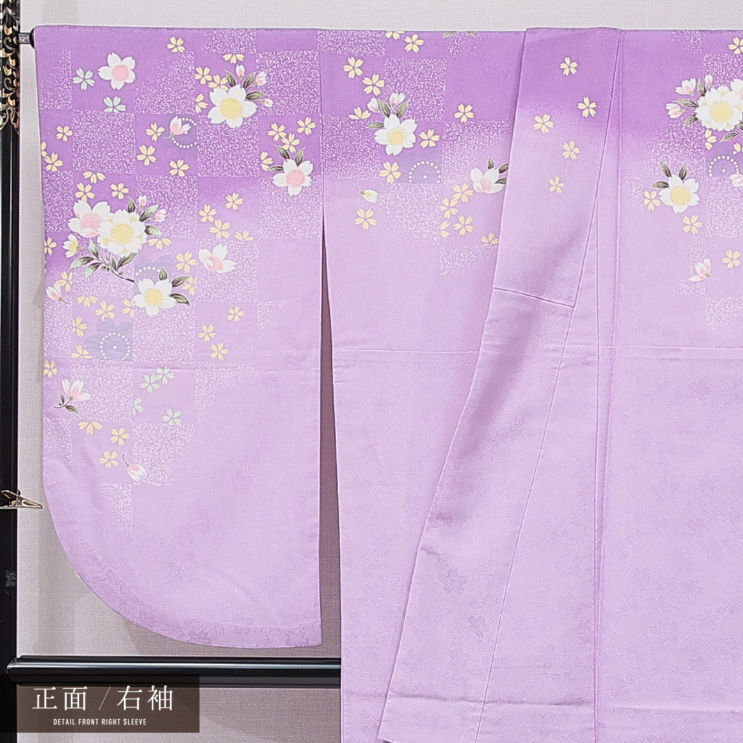 洗える着物 小振袖 袷 身丈168cm 裄丈68cm ポリエステル Sランク セミフォーマル 広衿 XLサイズ 金彩 桜 紫系 RP 1216-07065