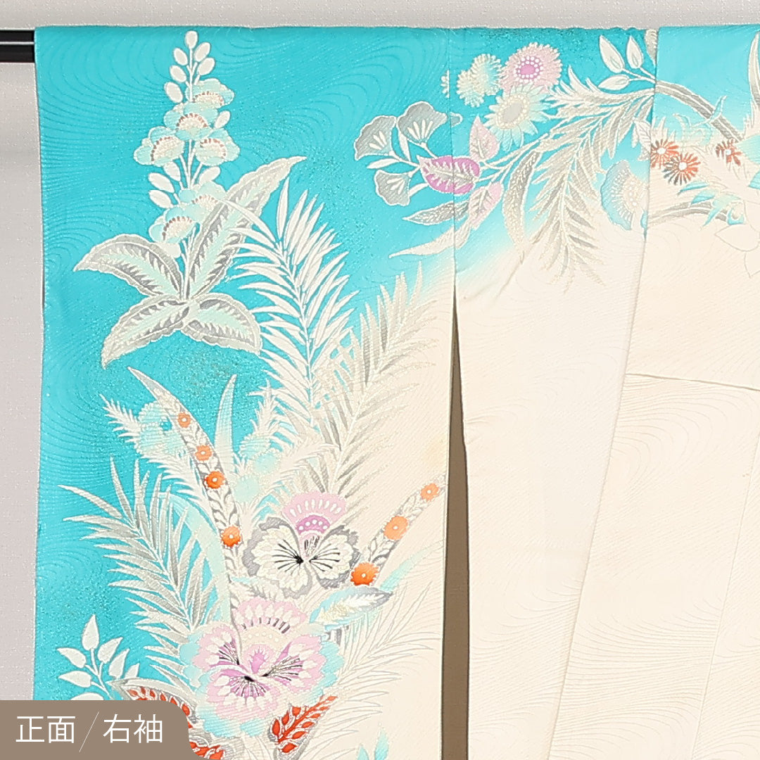 洗える着物 振袖 袷 身丈163cm 裄丈64cm ポリエステル Bランク フォーマル 広衿 Lサイズ 刺繍 孔雀 水色系 RP 1215-06804