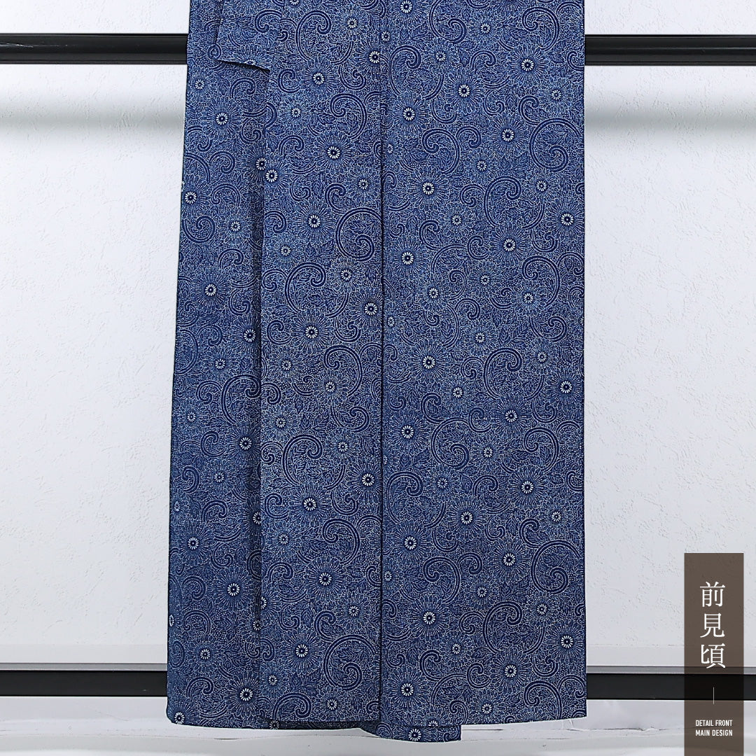 小紋 単衣 身丈156cm 裄丈61cm 正絹 Sランク インフォーマル バチ衿 XSサイズ 藍型 菊唐草文 紺系 RP 1221-17377