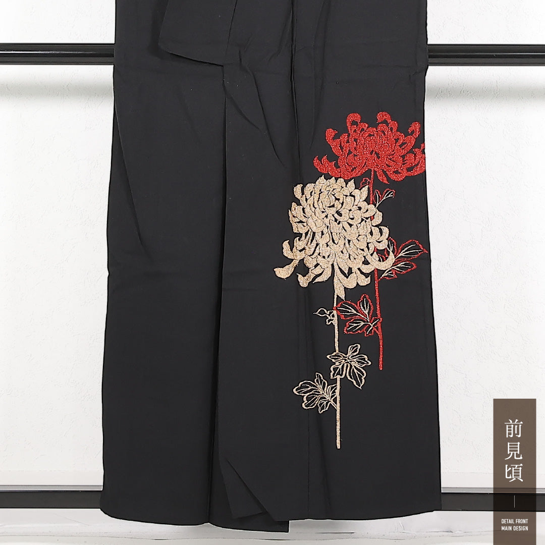 付下げ 単衣 身丈155cm 裄丈63cm レーヨン Aランク インフォーマル 広衿 Sサイズ 乱菊 黒系 M4 1218-17397