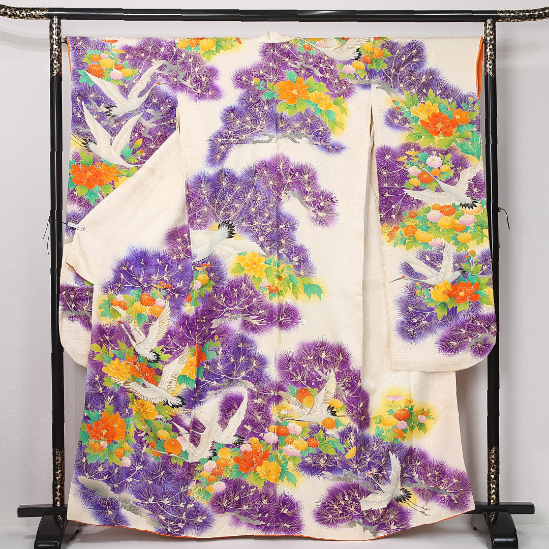 振袖 袷 身丈164cm 裄丈66cm 正絹 Bランク フォーマル 広衿 Lサイズ 鶴 菊 松 クリーム系 RP 1215-06739