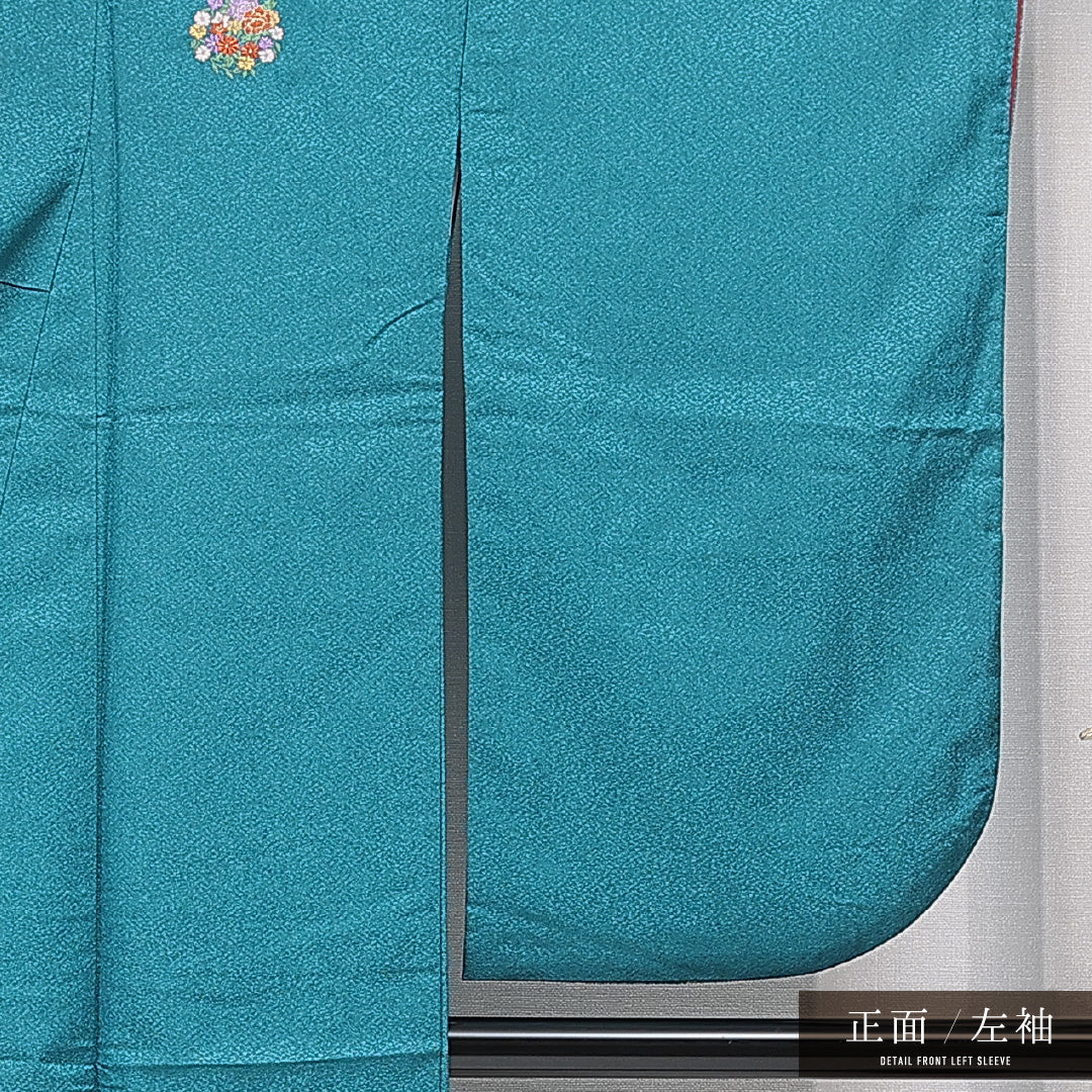 洗える着物 小振袖 袷 身丈160cm 裄丈65cm ポリエステル Sランク 紋意匠 (紗綾形) セミフォーマル 広衿 Lサイズ 刺繍 牡丹 菊 青系 RP 1216-07058