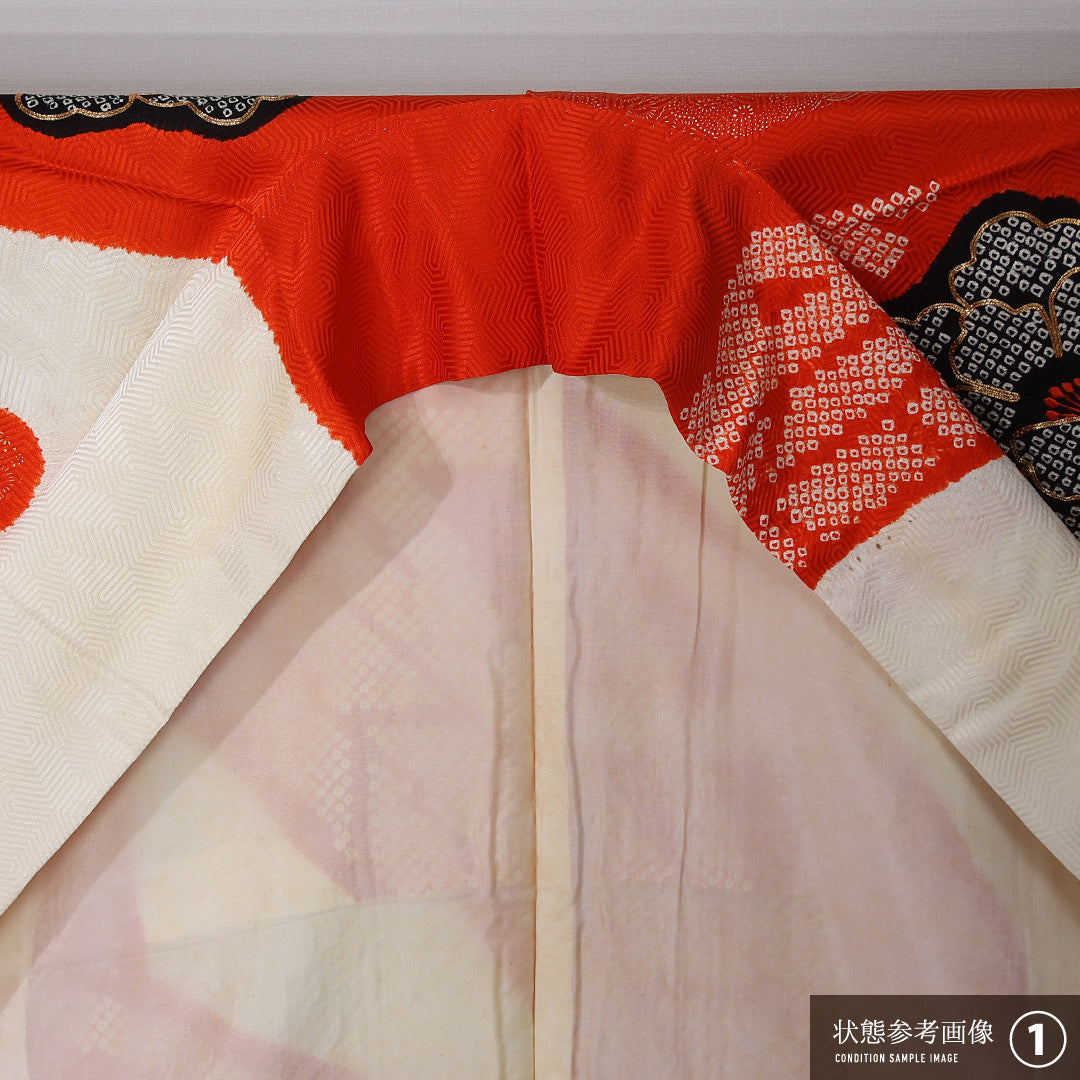 振袖 袷 身丈163cm 裄丈64cm 正絹 Bランク フォーマル 広衿 Lサイズ 絞り 橋 牡丹 朱系 M4 1215-06769