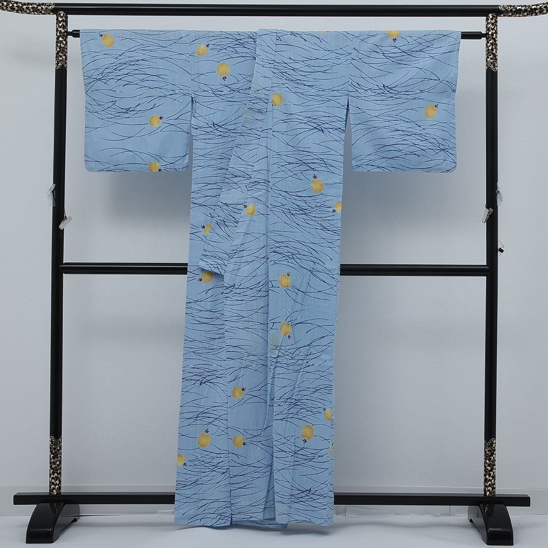 夏物 洗える着物 木綿の浴衣 身丈158cm 裄丈69cm 木綿 Cランク カジュアル バチ衿 Sサイズ 蛍 水色系 RP 1225-17252