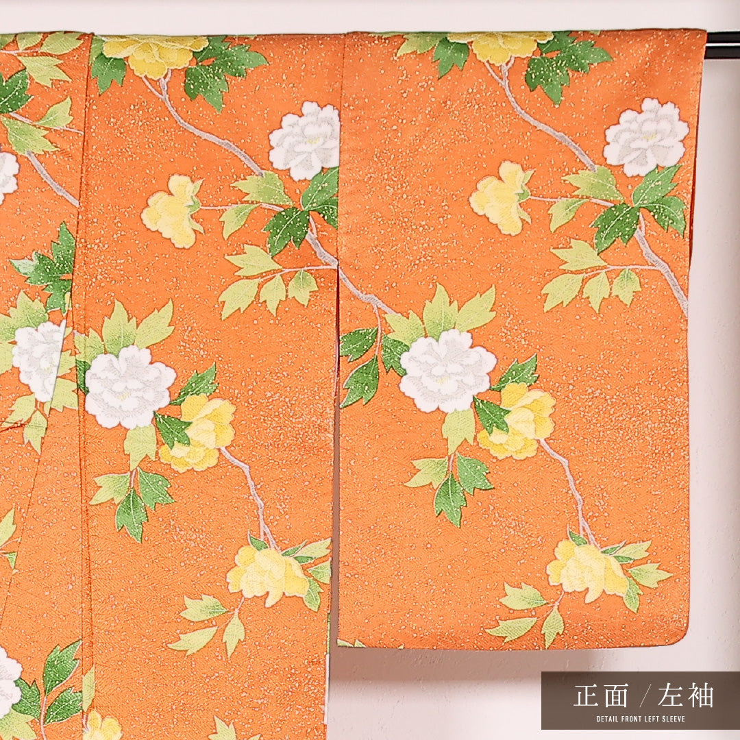 洗える着物 小紋 袷 身丈158cm 裄丈64cm ポリエステル Sランク 紋意匠 (荒磯) インフォーマル 広衿 Lサイズ 牡丹 朱系 RP 1221-17514