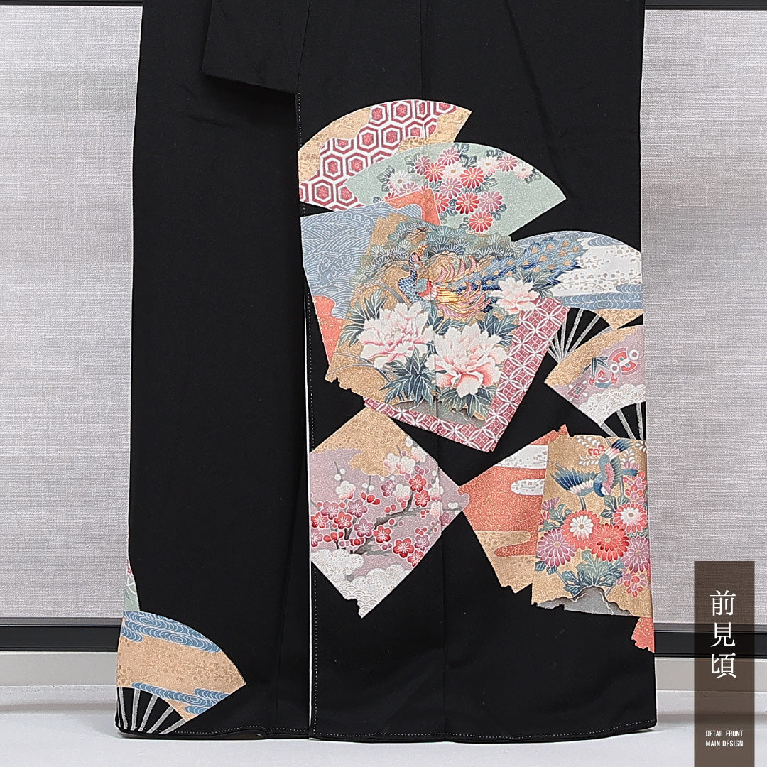 黒留袖 袷 身丈162cm 裄丈64cm 正絹 Sランク 五つ紋 (梅鉢) フォーマル 広衿 Lサイズ 金駒刺繍 比翼 鶴 松 黒系 RP 1213-07023