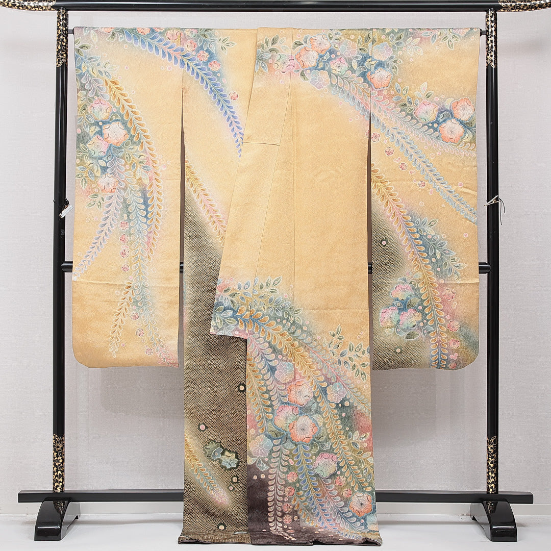 振袖 袷 身丈180cm 裄丈66cm 正絹 Aランク フォーマル 広衿 3XLサイズ 花柄 ベージュ系 RP 1215-06983