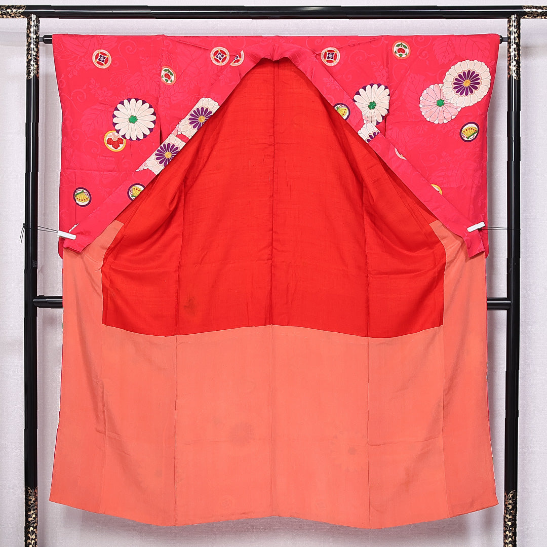 小振袖 袷 身丈148cm 裄丈64cm 正絹 Aランク セミフォーマル バチ衿 XSサイズ 菊 桐 橘 ピンク系 RP 1216-06663